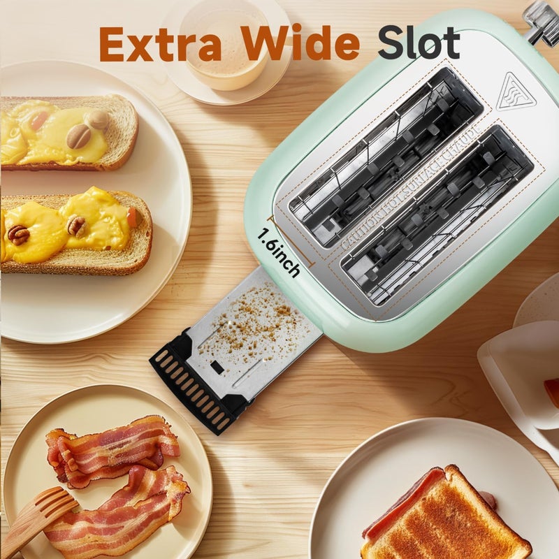 Aigostar Toaster 2 Slice Retro Toaster Stainless Steel, 1.6 inch Extra Wide Slots Bread Toaster Bagel, Cancel, Defrost Function, 6 Shade Settings & Removable Crumb Tray for Bread Waffle, Aqua Green - Image 4